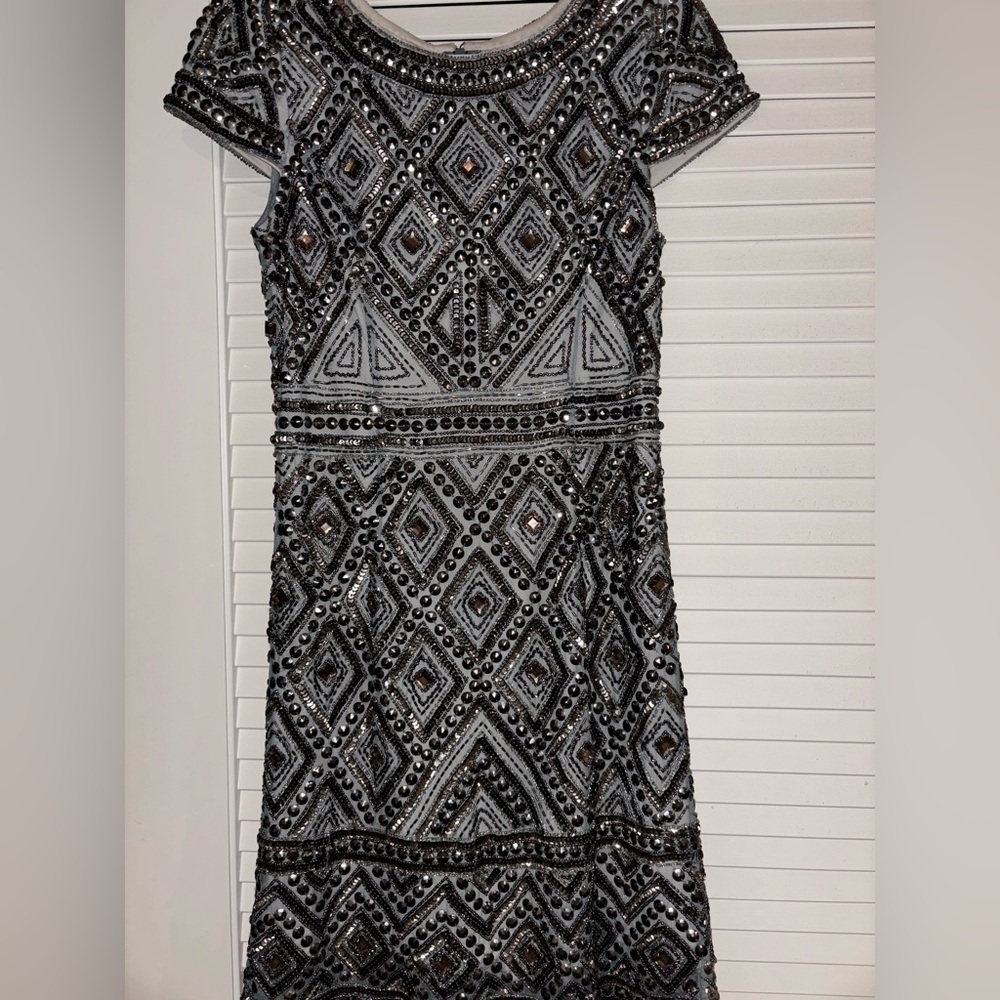 Adrianna Papell Black and Silver Beaded Mini Dress